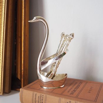 Vintage teaspoon set with swan holder | Vintage silver plated spoons | Silver plated spoons with spoon holder | Swan spoon holder