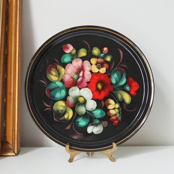 Vintage floral metal tray | Handpainted floral tray | Vintage floral tray | Vintage Zhostovo tray | Round floral metal tray