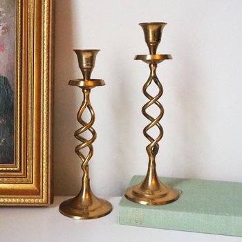 Set of two vintage candlestick holders | Brass candlestick holders | Barley twist brass candlestick holders | Twisted candlestick holders