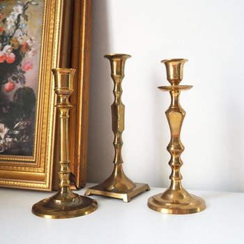 Set of three mismatched vintage candlestick holders | Brass candlestick holders | Vintage brass candle holders | Mismatched candle holders