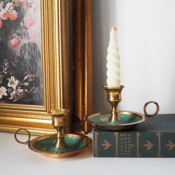 Set of two vintage chamber candlestick holders | Chamber candlestick holders | Vintage brass candleholders | Enamelled brass candle holders