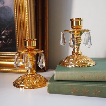 Vintage candlestick holder pair | Gold plated crystal candlestick holders | Ornate candlestick holders | Crystal candlestick holders