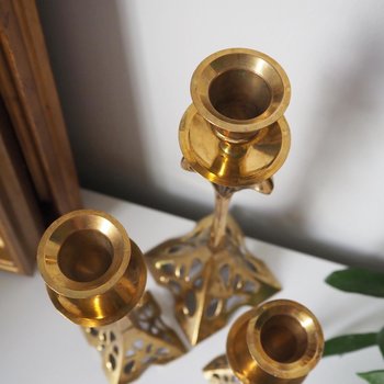 Set of three vintage candlestick holders | Brass candlestick holders | Tall brass candlestick holders | Mismatched candlestick holders