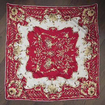 Vintage silk scarf | Baroque silk scarf | Large vintage silk scarf | Red, white and yellow silk scarf | Hand-rolled silk scarf
