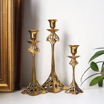 Set of three vintage candlestick holders | Brass candlestick holders | Tall brass candlestick holders | Mismatched candlestick holders