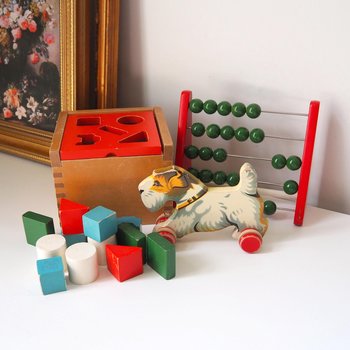 Vintage wooden toy set | Vintage children's abacus | Wooden shape sorter | Vintage wooden blocks | Vintage wooden dog | Vintage wooden toys