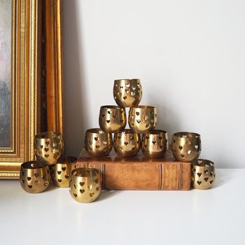 Set of twelve vintage tealight candle holders | Heart tealight candleholders | Vintage brass votive candleholders | Brass tealight holders