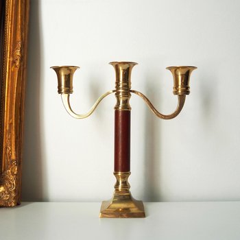 Vintage brass candelabra | Brass and wood candelabra | Three arm brass candlestick holder | Three arm candelabrum