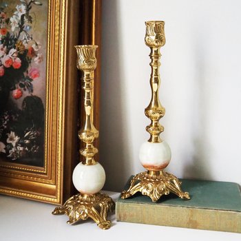 Set of two vintage candlestick holders | Gold and onyx marble candle holders | Tall candlestick holders | Matching candle holders