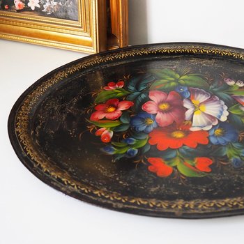 Vintage floral metal tray | Large handpainted floral tray | Vintage floral tray | Vintage Zhostovo tray | Vintage oval tray