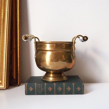 Vintage brass planter with ceramic handles | Vintage brass planter | Footed brass planter | Vintage planter